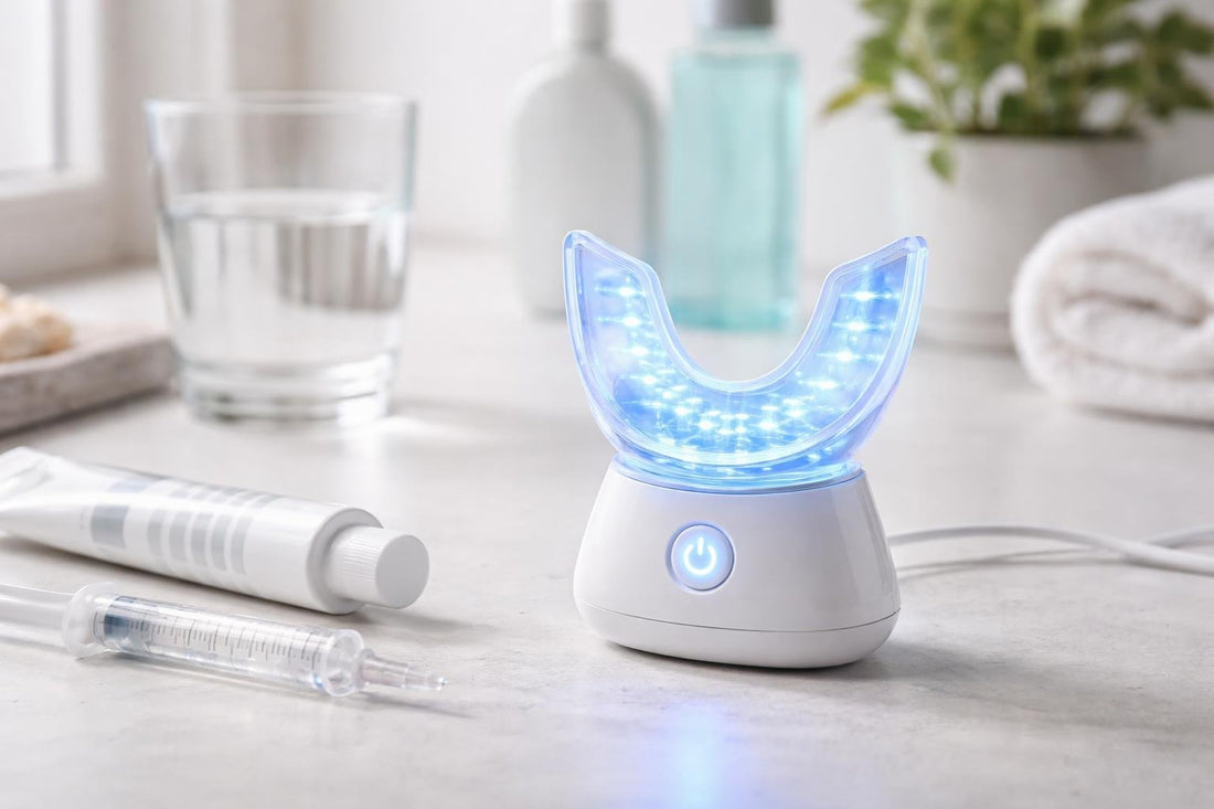 LED teeth whitening accelerator light and mouthpiece