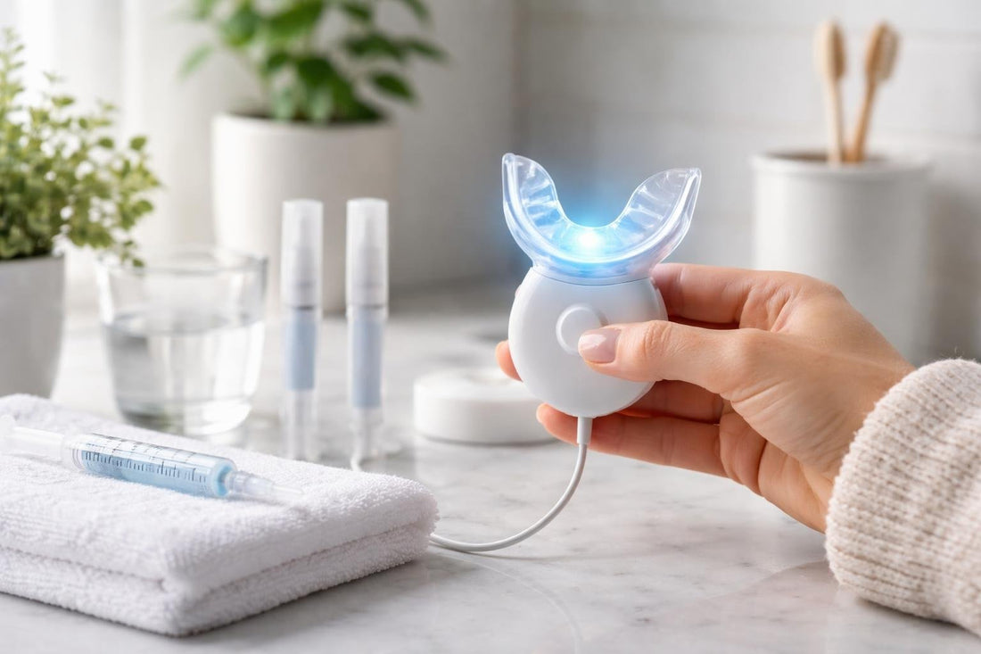 Beginner using LED teeth whitening light with mouth tray
