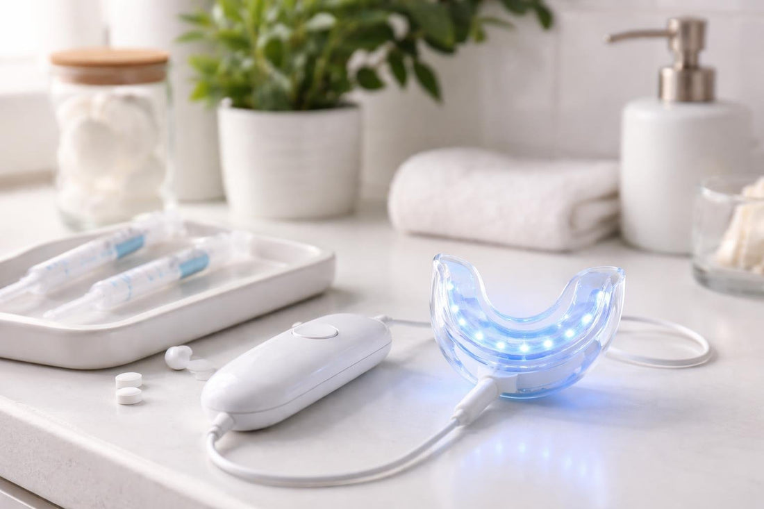 LED teeth whitening accelerator light kit on bathroom counter