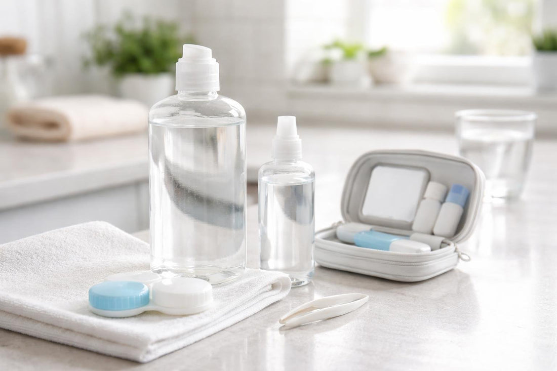 Contact lens cleaning solution and travel case on counter