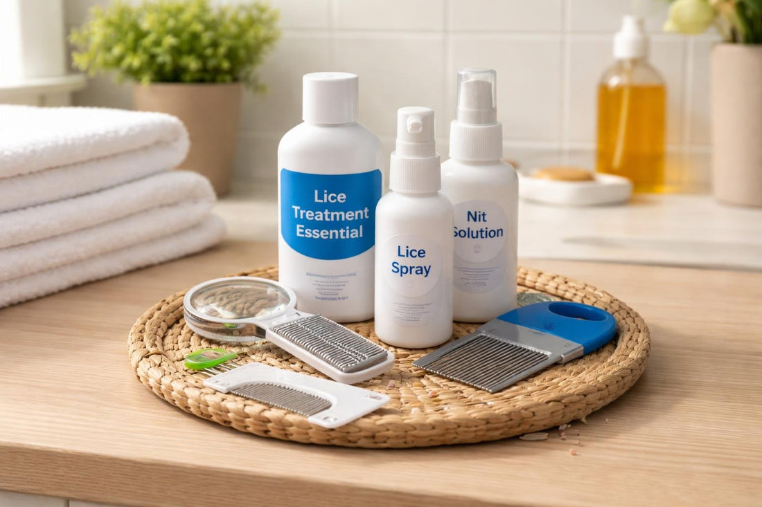 Lice treatment essentials kit with combs and bottles