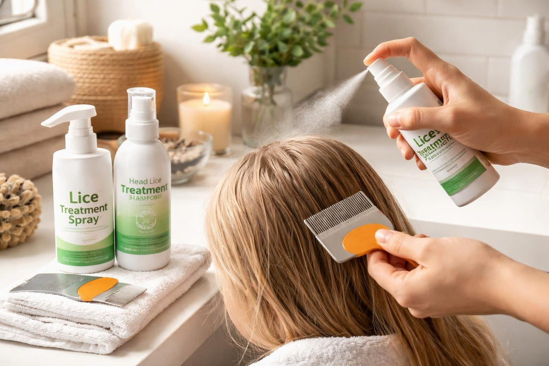 Applying lice treatment spray and combing hair at home