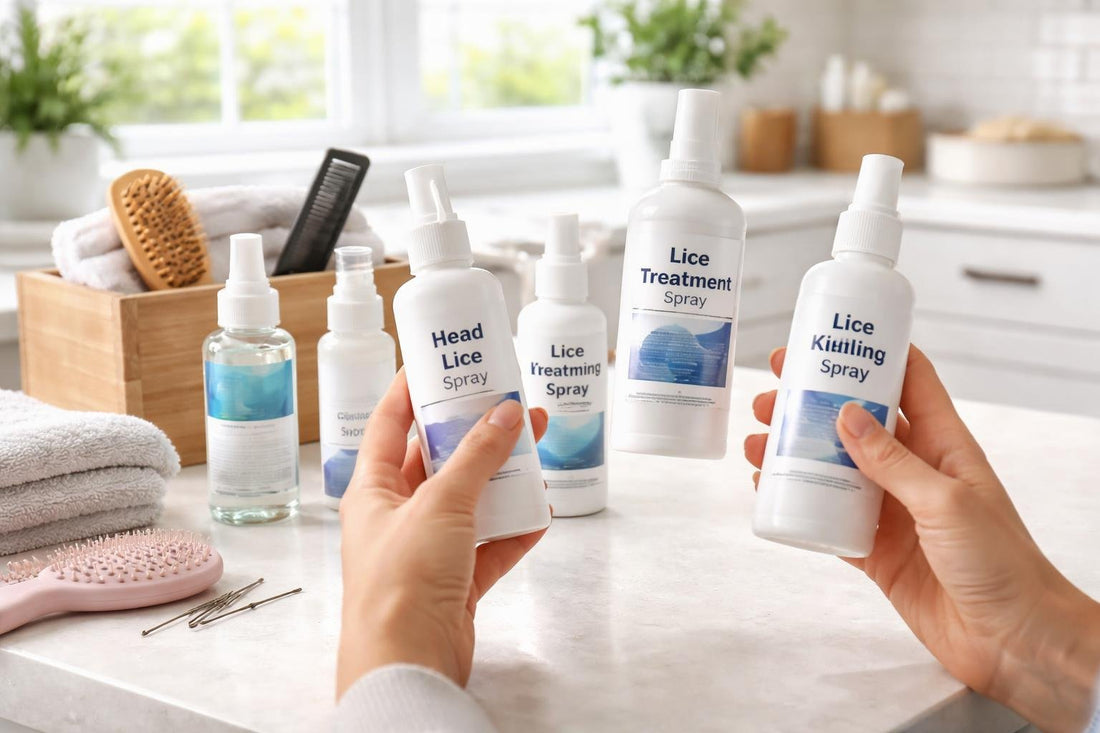 Parent comparing lice treatment sprays on shelf