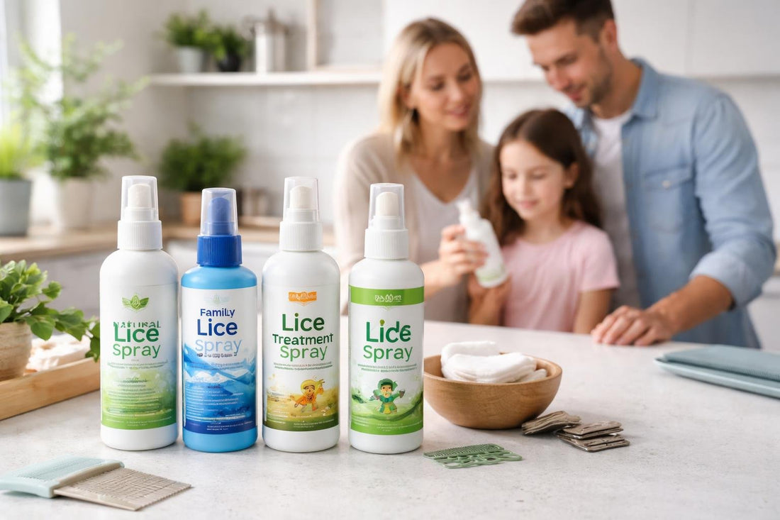Family choosing lice treatment spray options