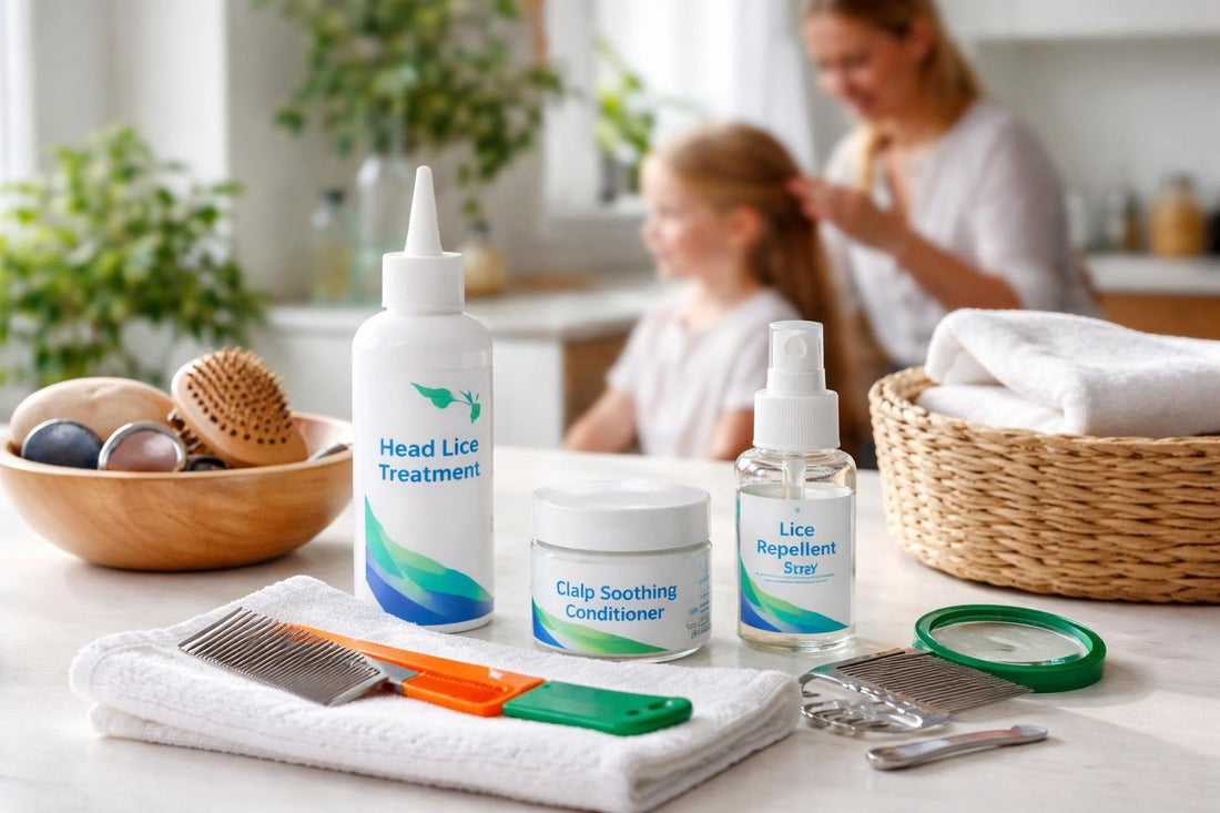 Family using lice treatment kit with combs