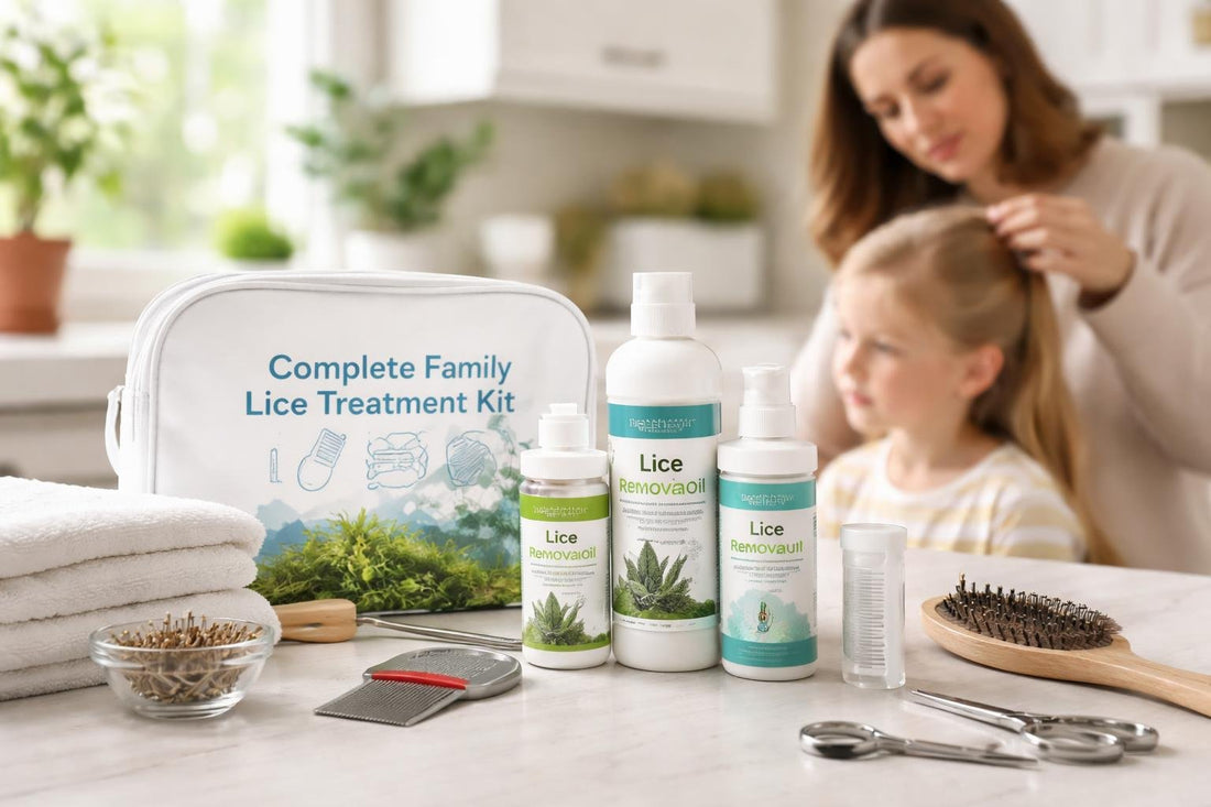 family using lice treatment kit at home