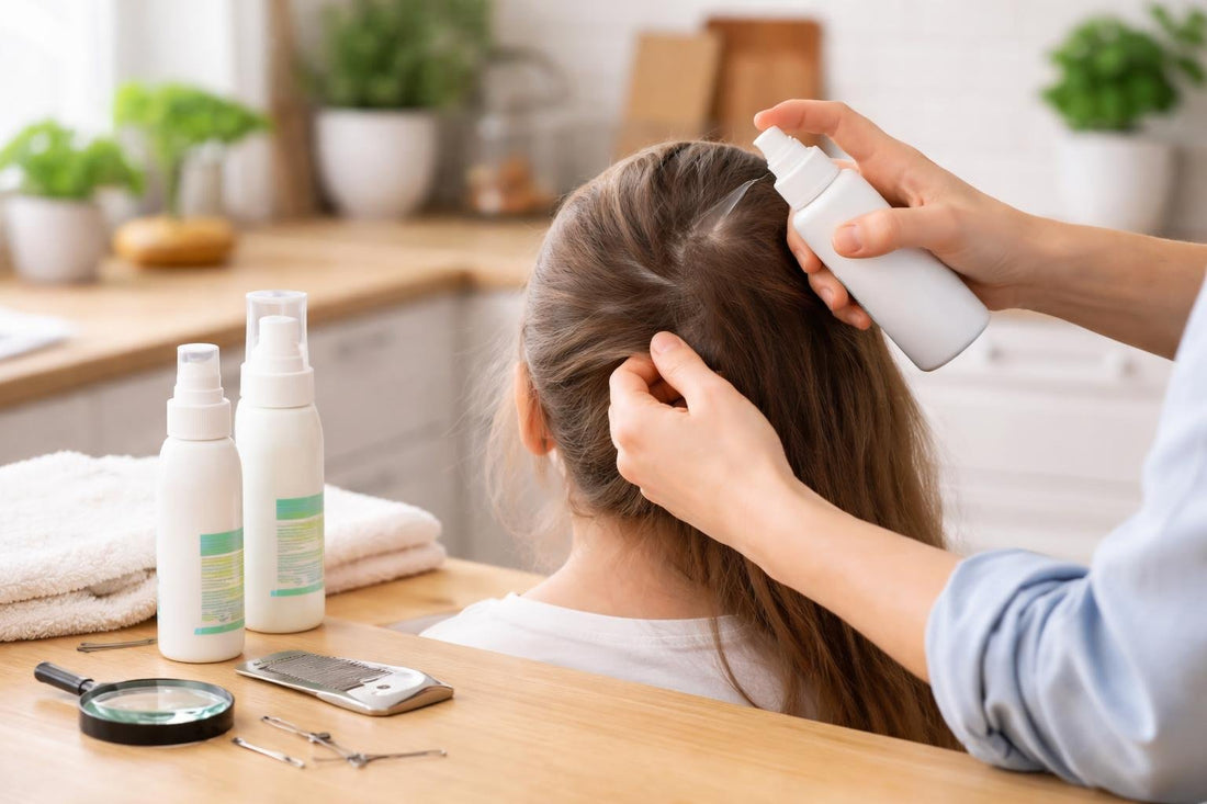 Parent applying lice treatment spray at home