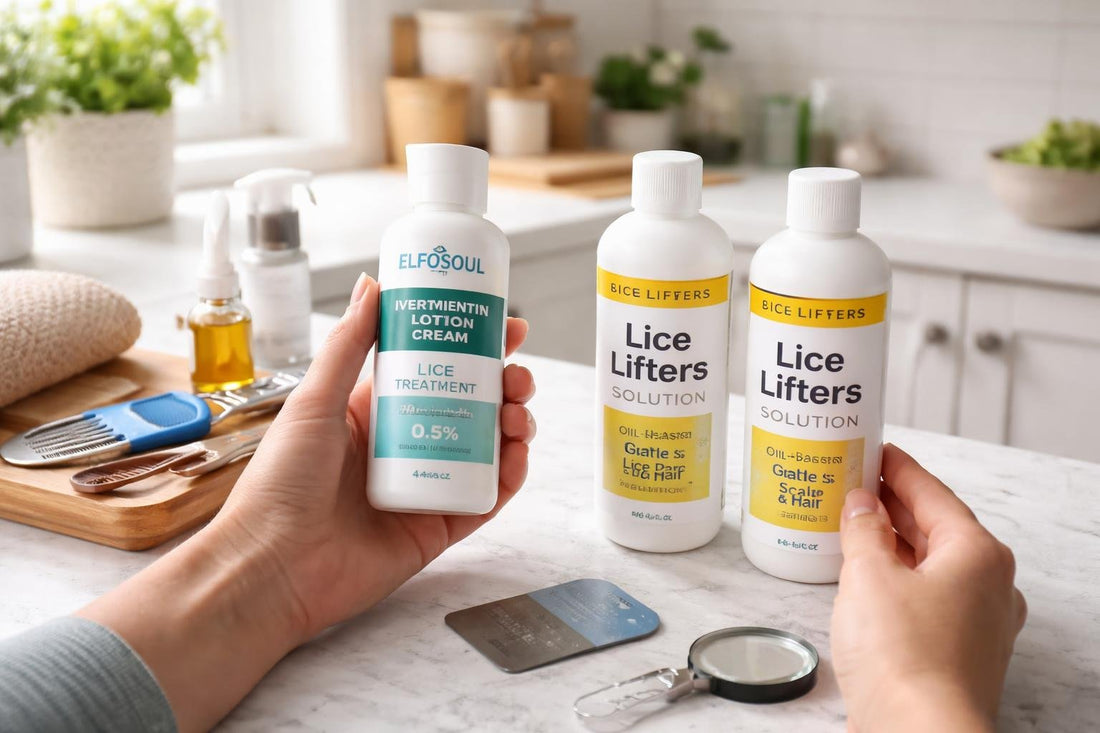 Parent comparing lice treatment products and nit combs