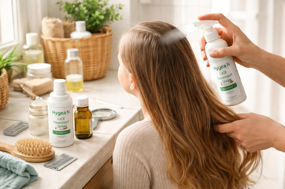 Parent applying lice treatment spray to child’s hair