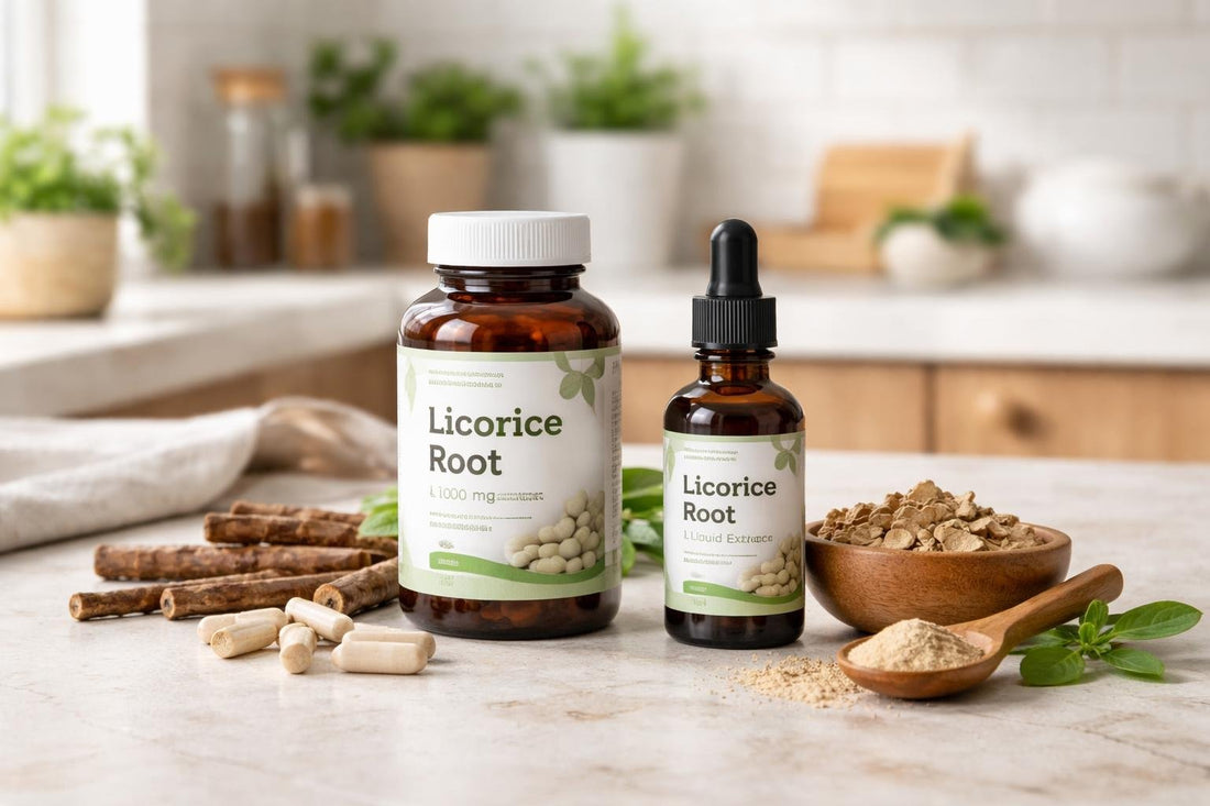 bottles of licorice root herbal supplements and drops