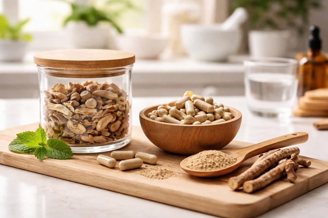 Jar of dried licorice root and supplement capsules