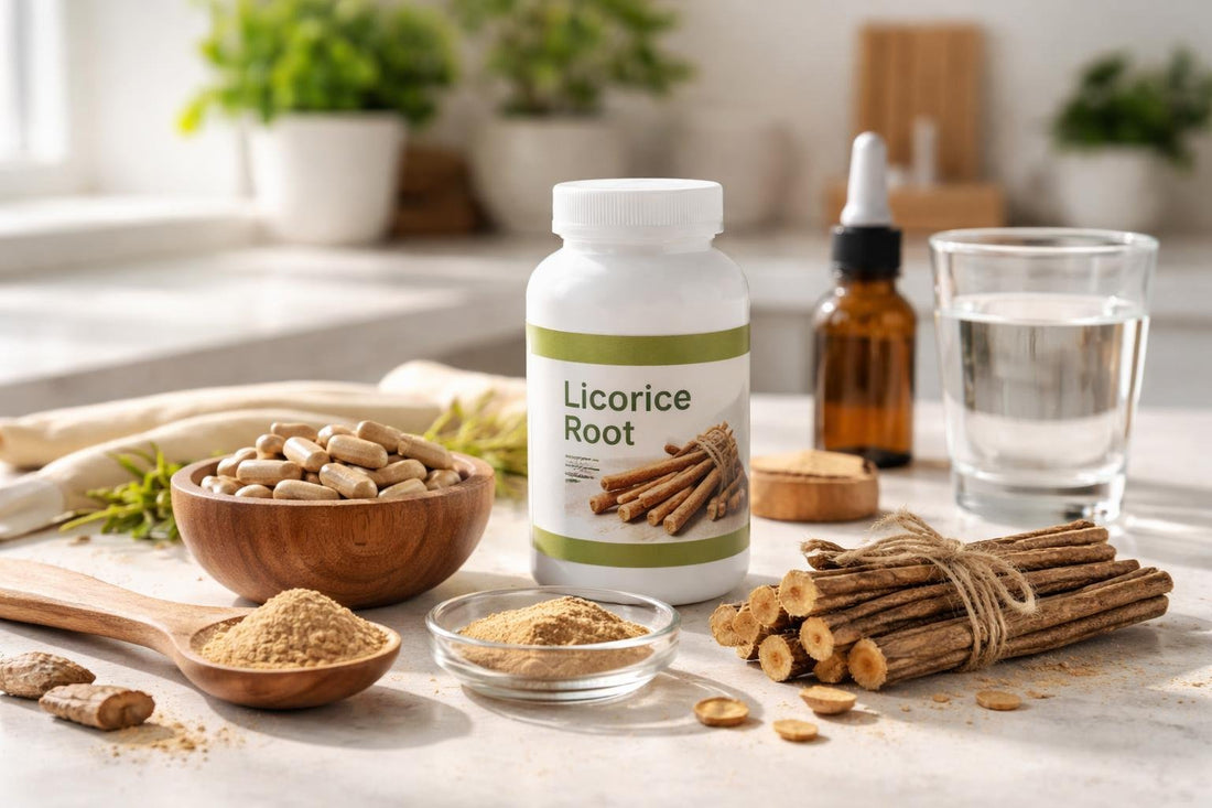 Licorice root herbal supplements with capsules and dried root