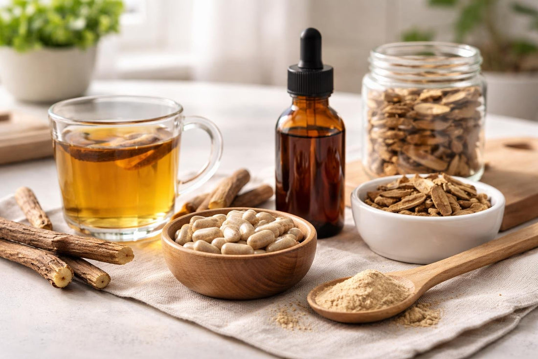 Licorice root herbal supplements in capsules tea and tincture