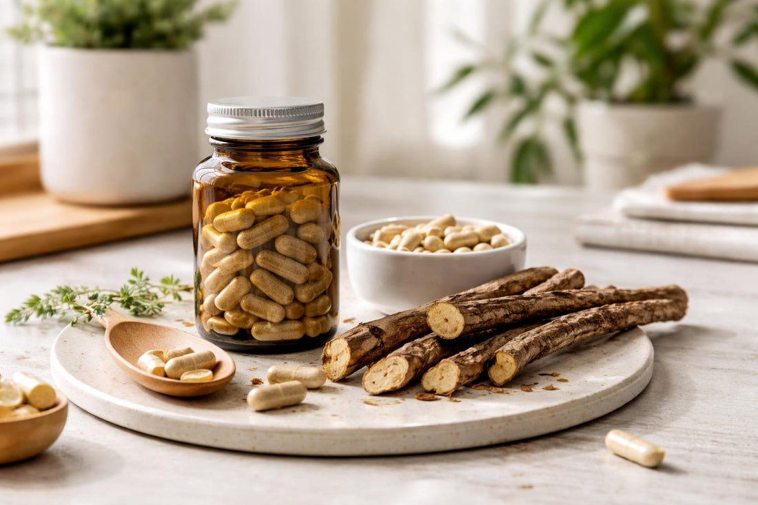 Licorice root herbal supplements capsules and dried root close-up