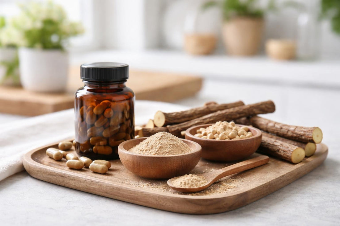 Close-up of licorice root supplements and powders