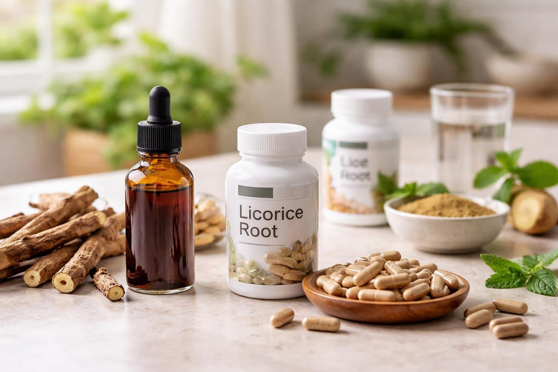 Bottles of licorice tincture and capsules on table
