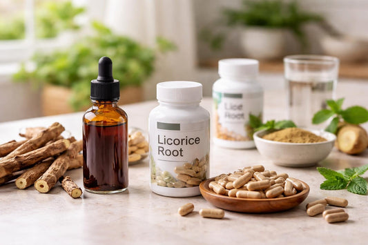 Bottles of licorice tincture and capsules on table