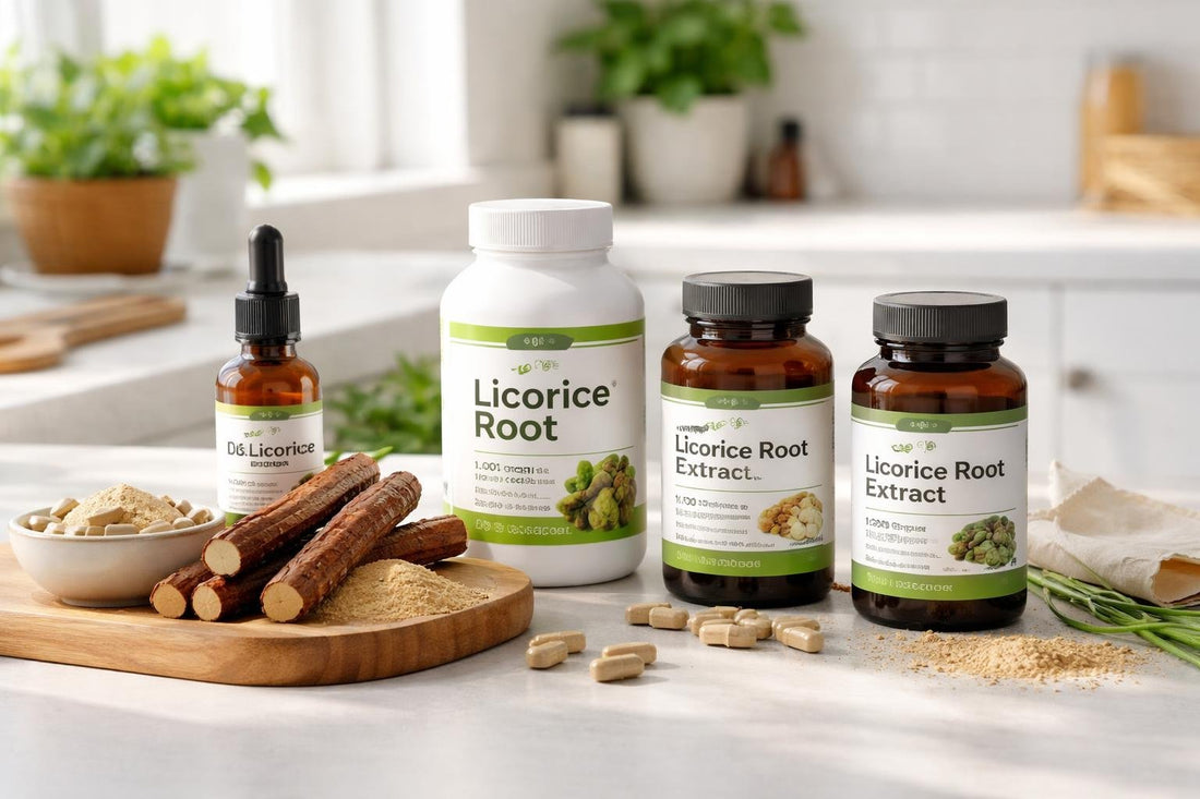 Assorted licorice root supplement bottles and capsules