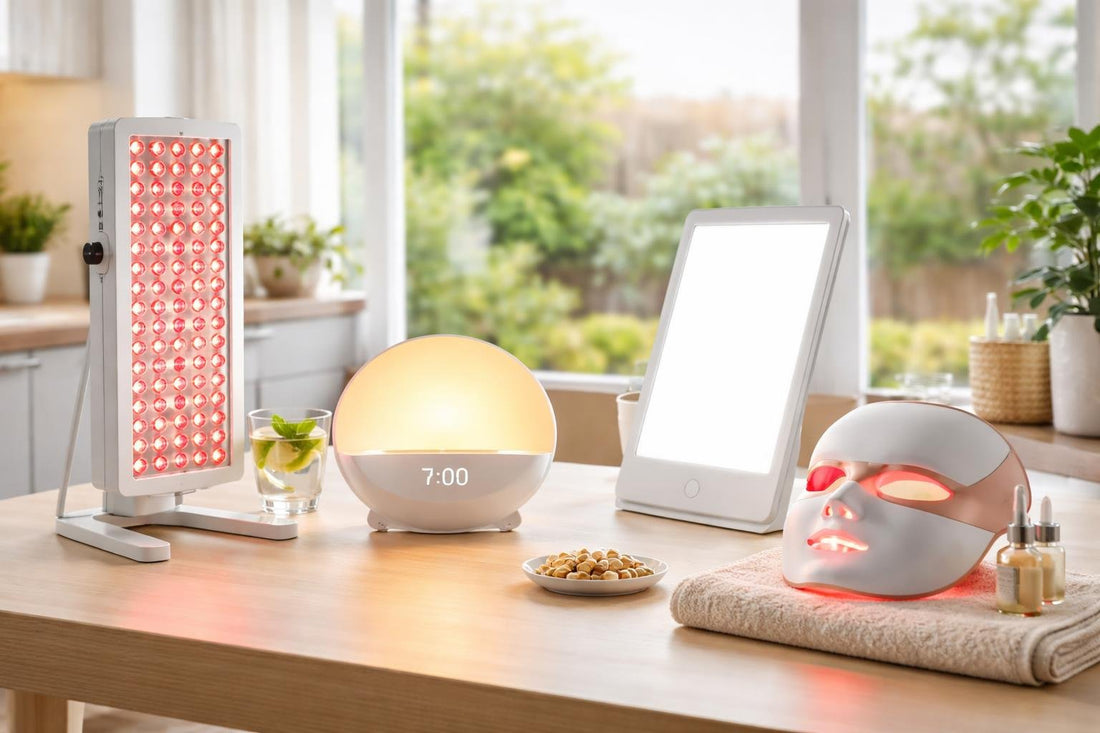 assorted light therapy devices on table in UK home