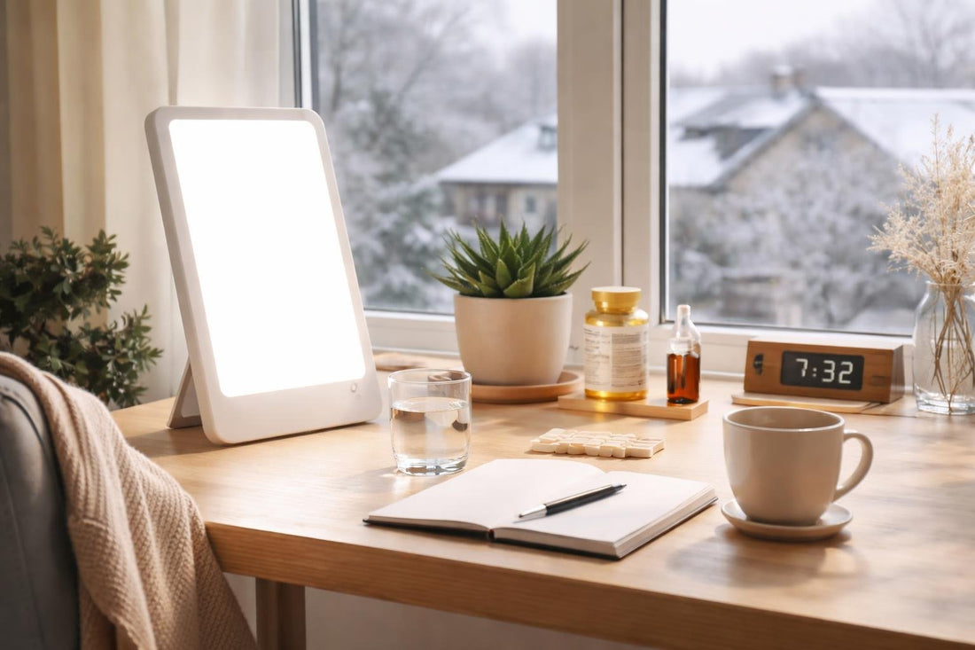 Light therapy lamp setup on desk in UK winter