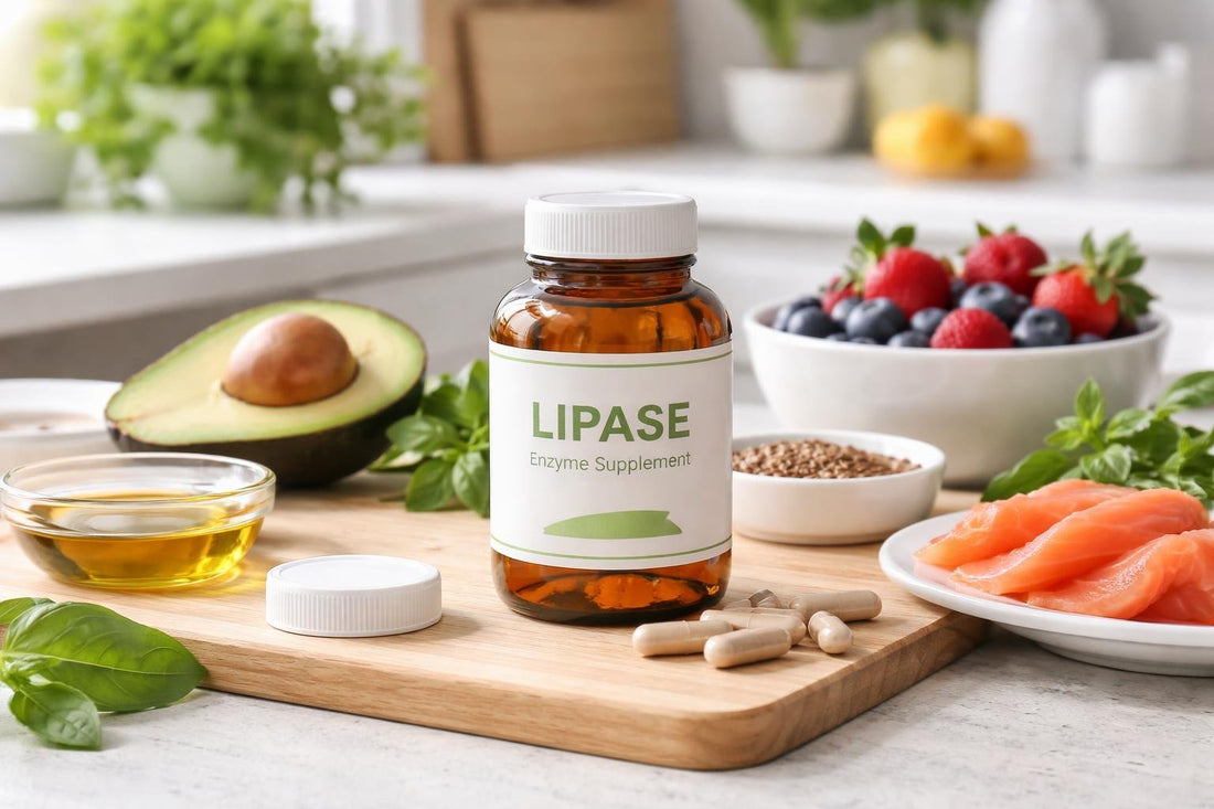Bottle of lipase supplements beside fresh foods