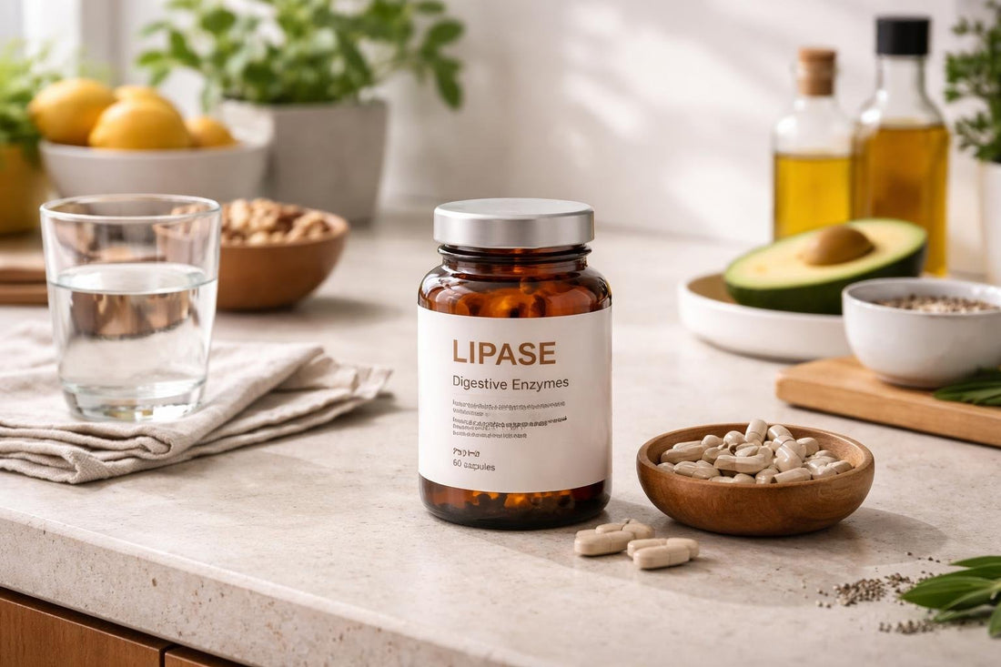 Jar of lipase digestive enzyme capsules on kitchen counter
