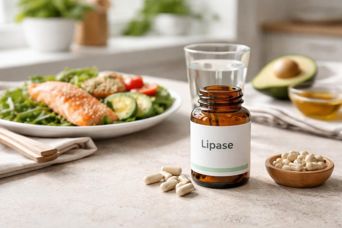 lipase supplement capsules beside healthy meal
