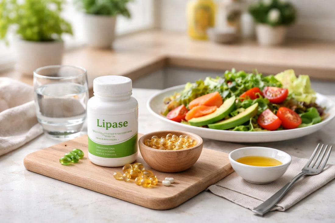 Lipase supplement capsules beside a healthy fat-rich meal