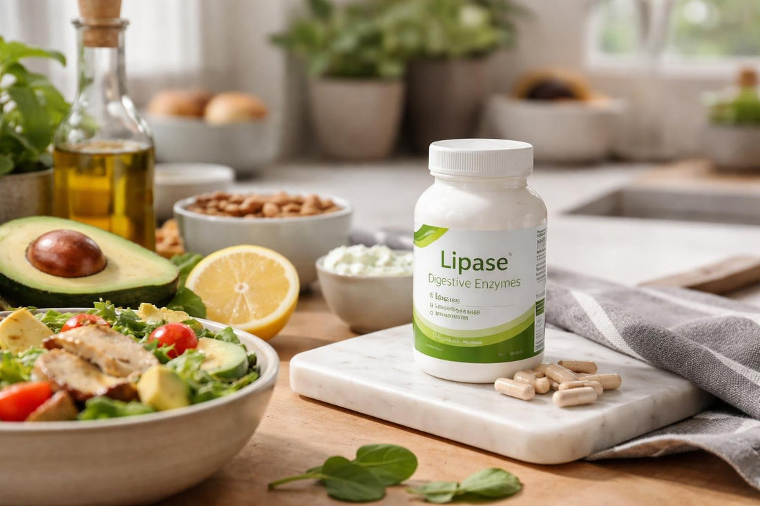 Lipase digestive enzyme capsules beside seasonal meal ingredients