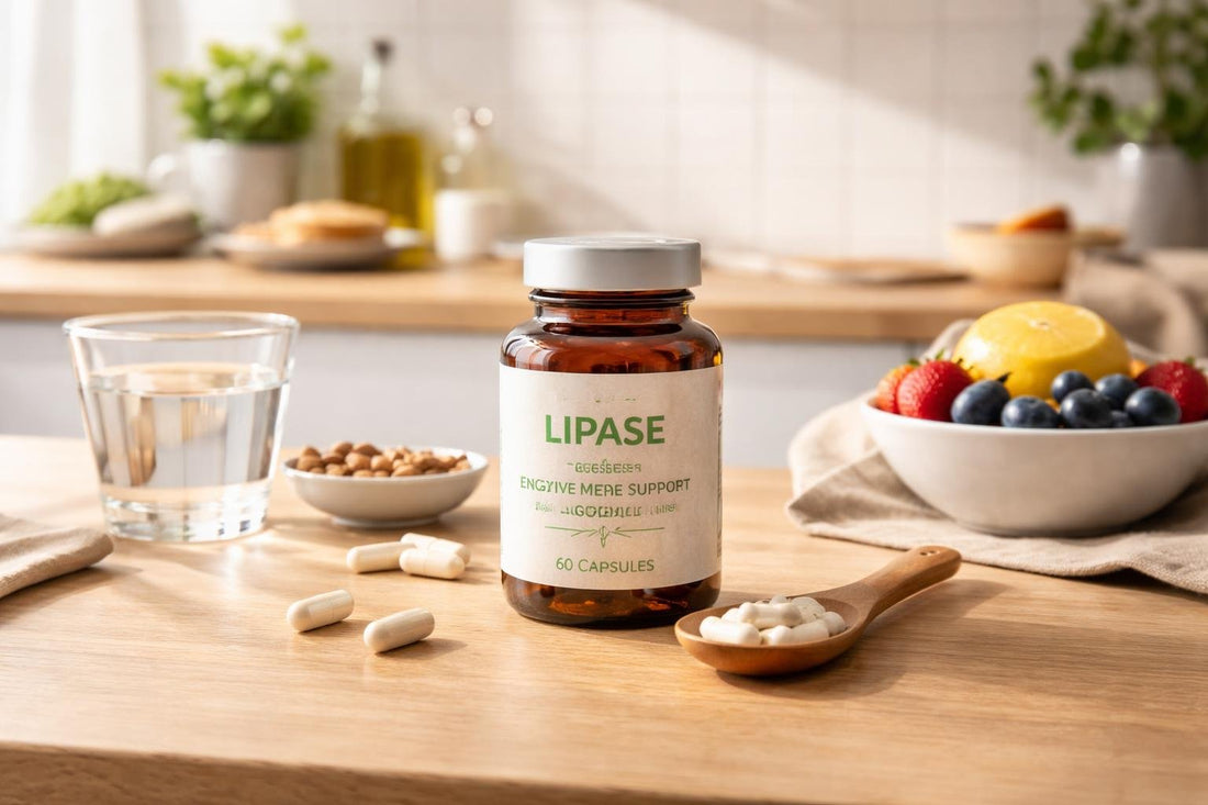 bottle of lipase supplements on wooden table UK
