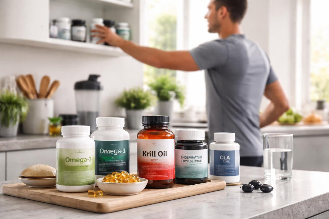 athlete selecting lipid nutrition supplements on shelf
