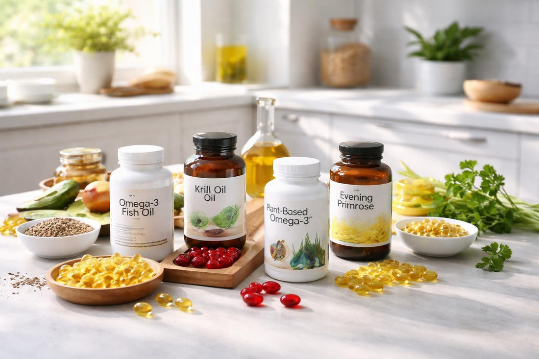Lipid nutrition supplements laid out on a kitchen counter