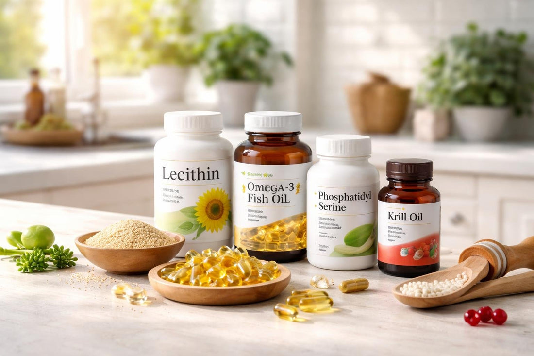 Assorted lipid nutrition supplements and capsules on a table