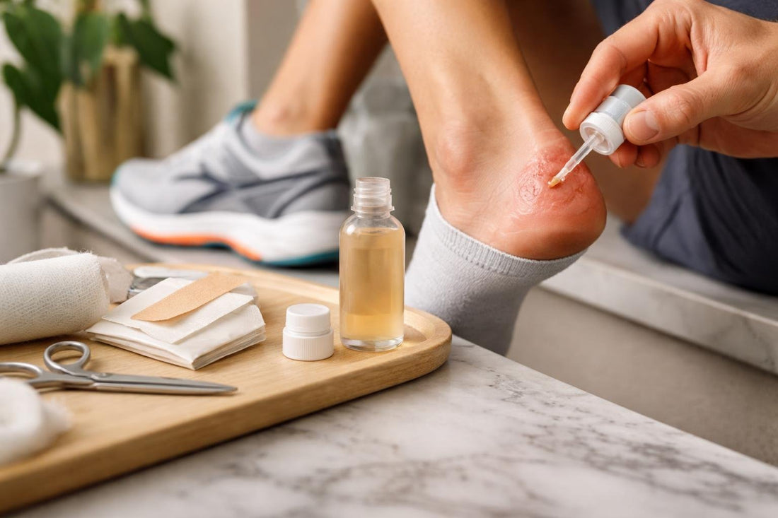 Runner applying liquid bandage to blistered heel