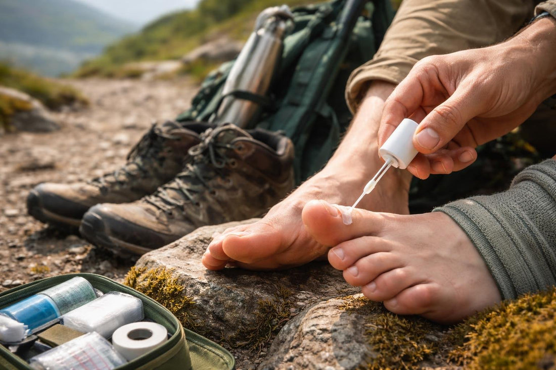 Hiker applying liquid bandage to a blistered toe on a trail