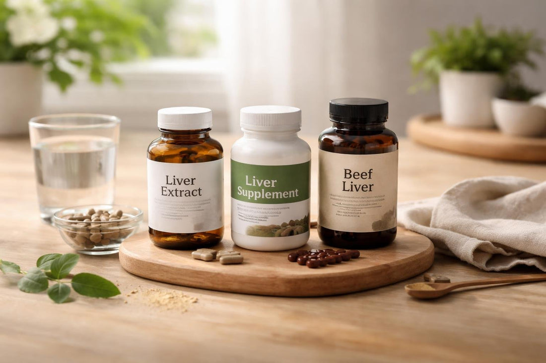 Bottles of liver extract supplements on wooden table