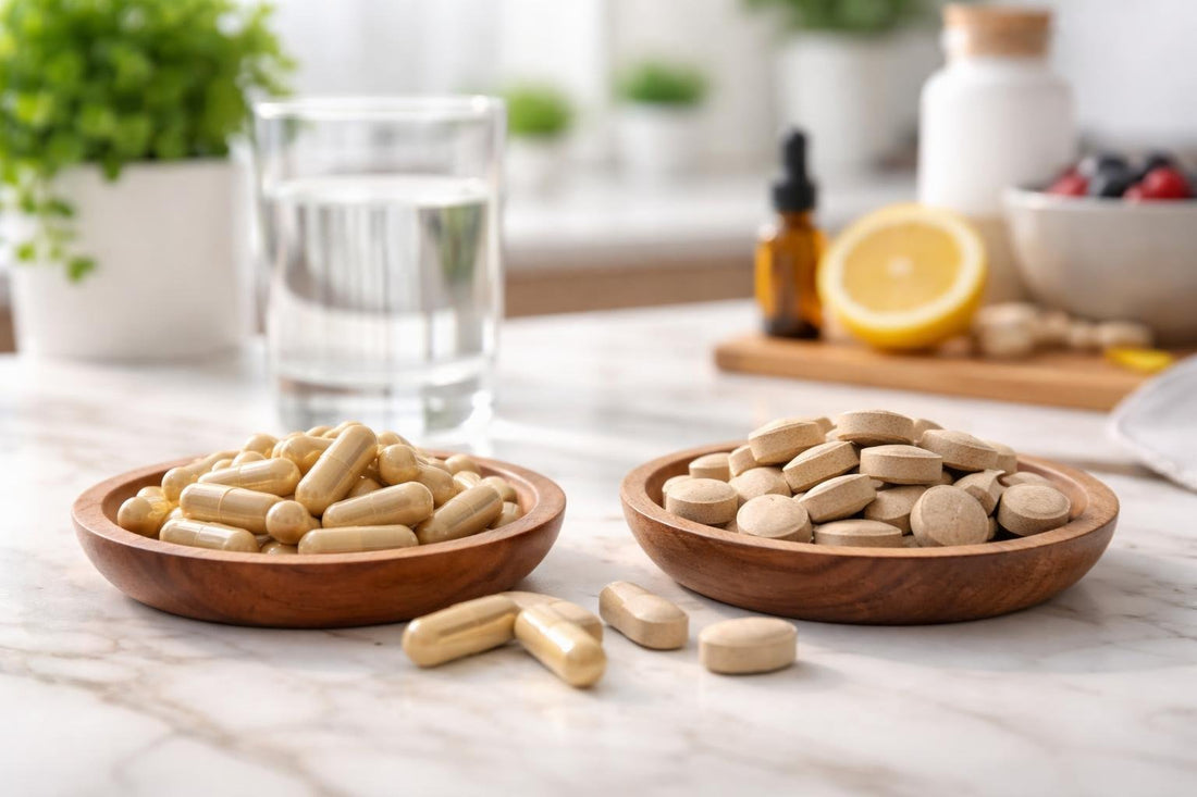 Liver extract capsules and tablets on a kitchen counter