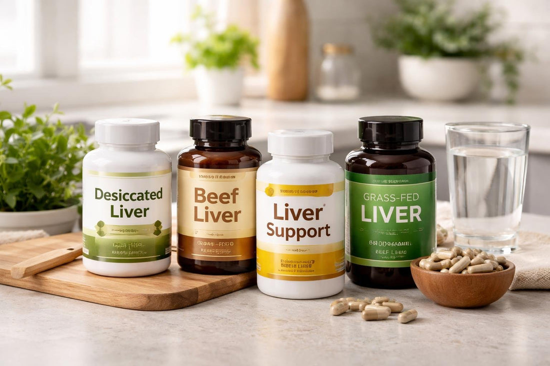 Selection of desiccated liver extract supplement bottles
