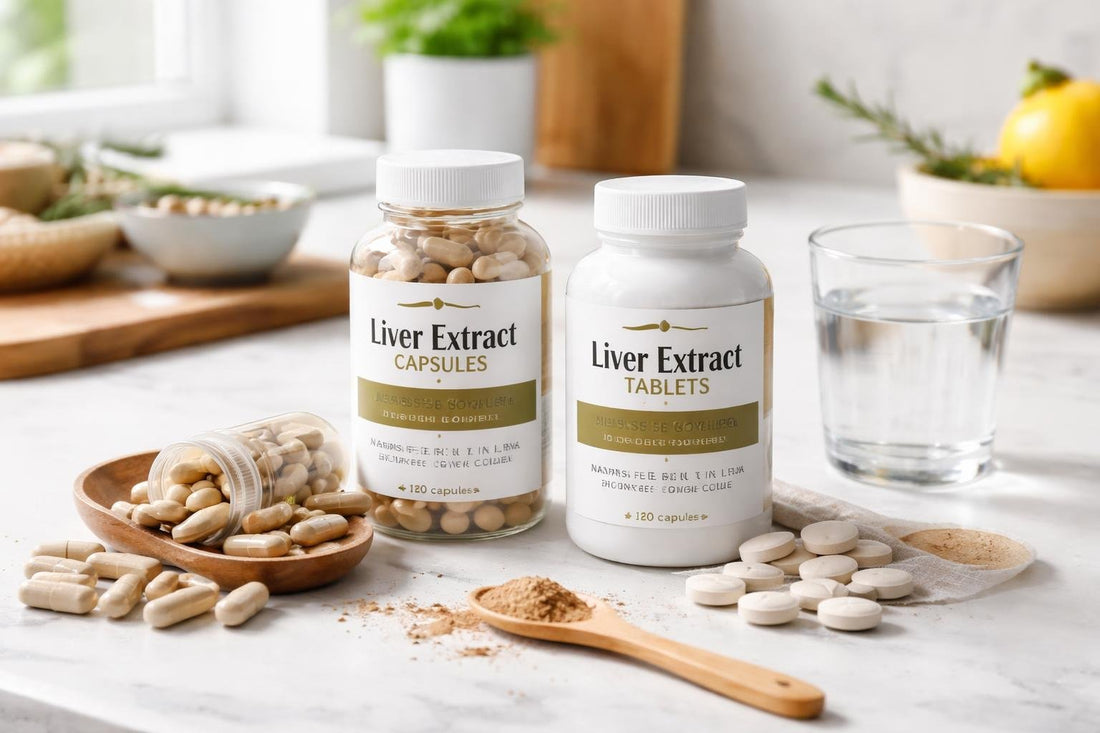 Capsules and tablets with liver extract label highlights