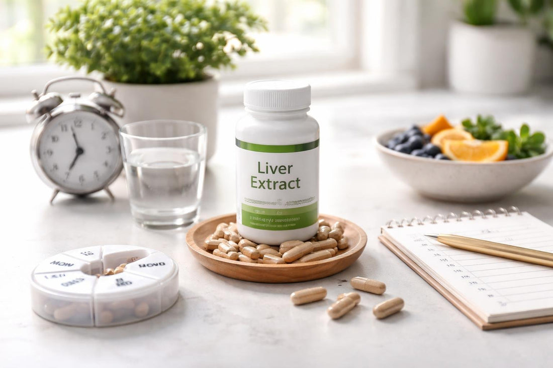Liver extract supplement capsules with timing and dosage notes