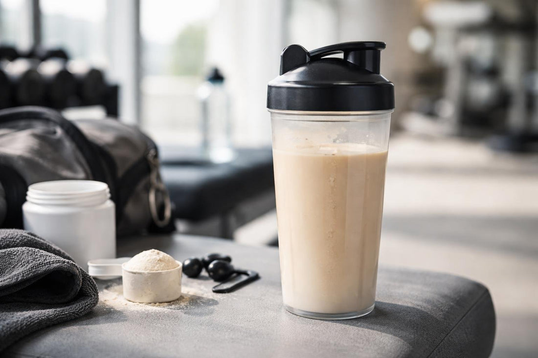 Protein shake in sports nutrition shaker bottle at gym