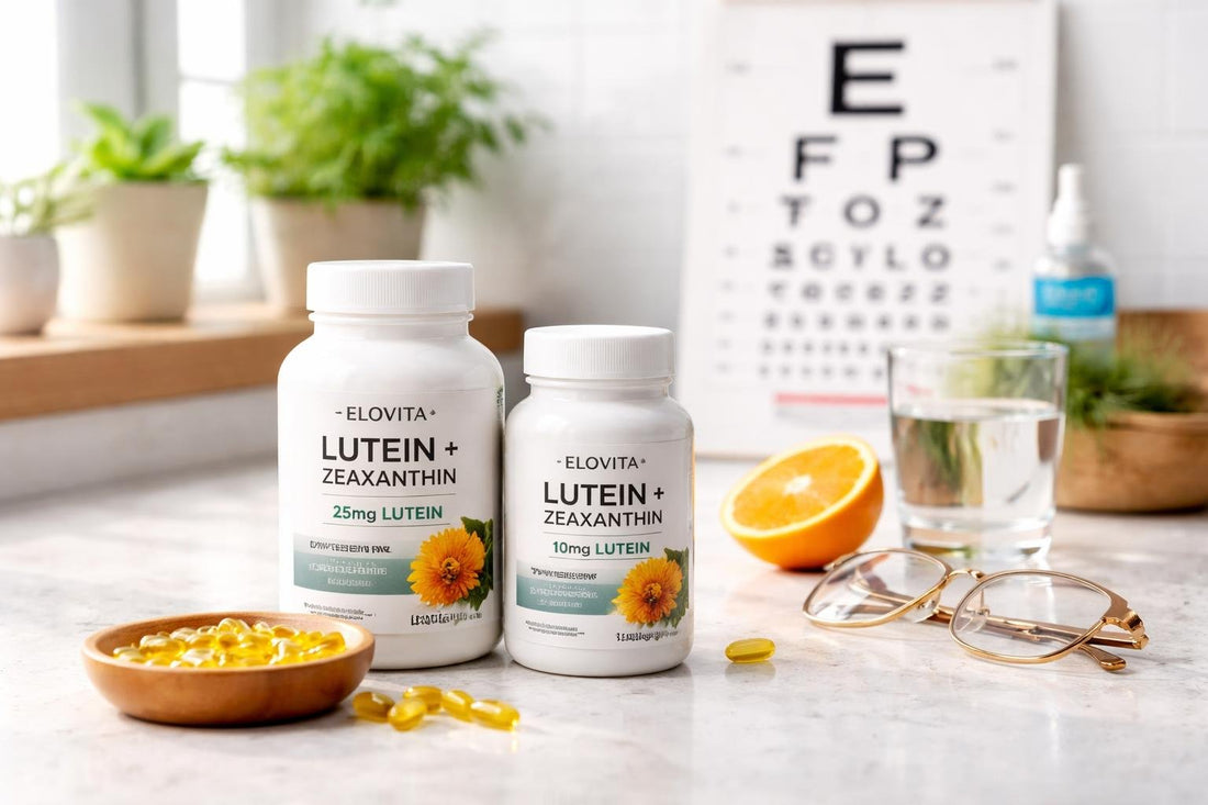 UK bottles of lutein supplements beside an eye chart