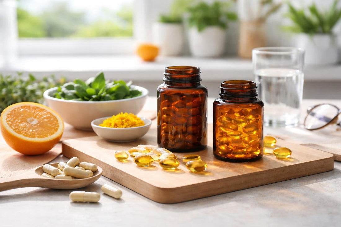 Capsules and softgels of lutein supplements on a table