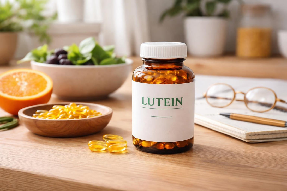 Bottle of lutein supplements on wooden table