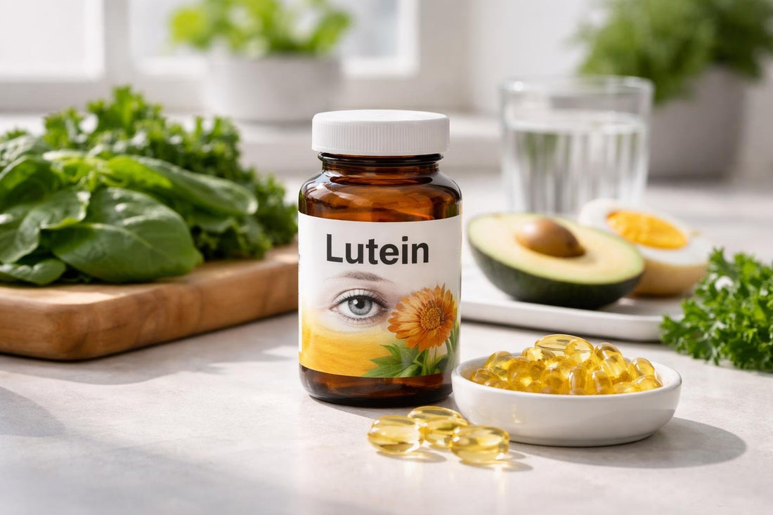Lutein supplement capsules beside leafy greens for eye health