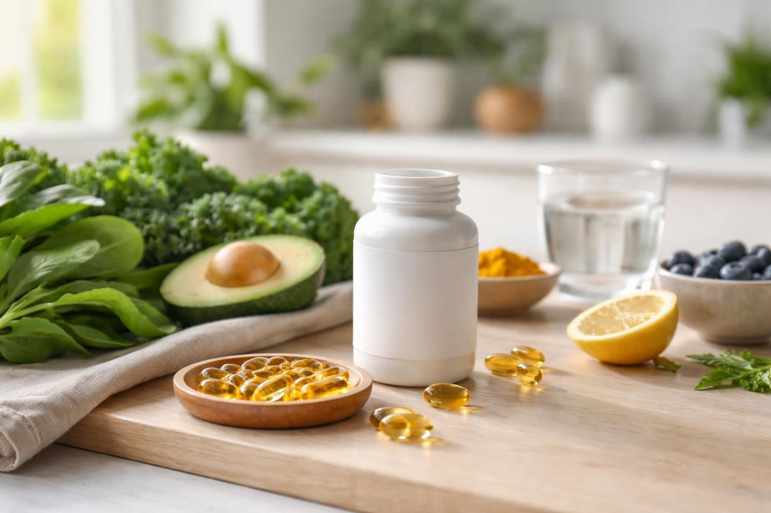 Lutein supplement capsules with leafy greens on kitchen table
