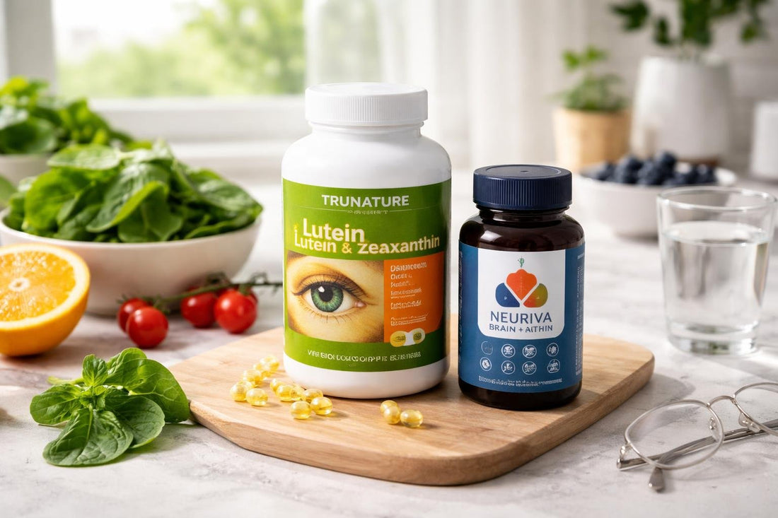Bottles of lutein supplements and leafy greens