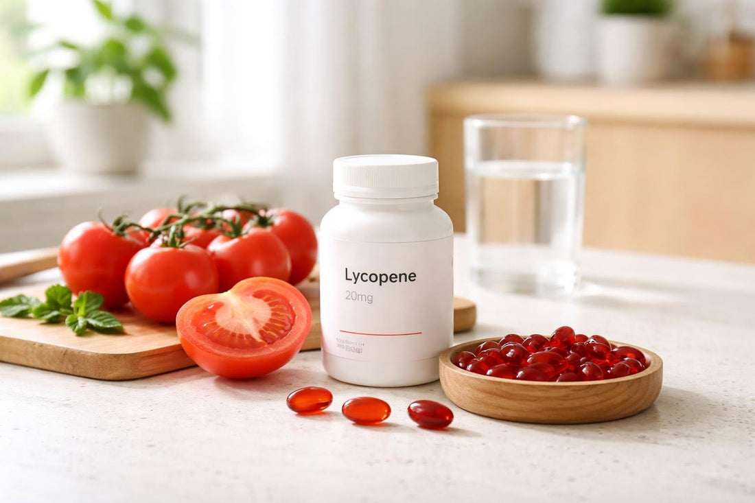 Lycopene supplement capsules with tomatoes on kitchen counter