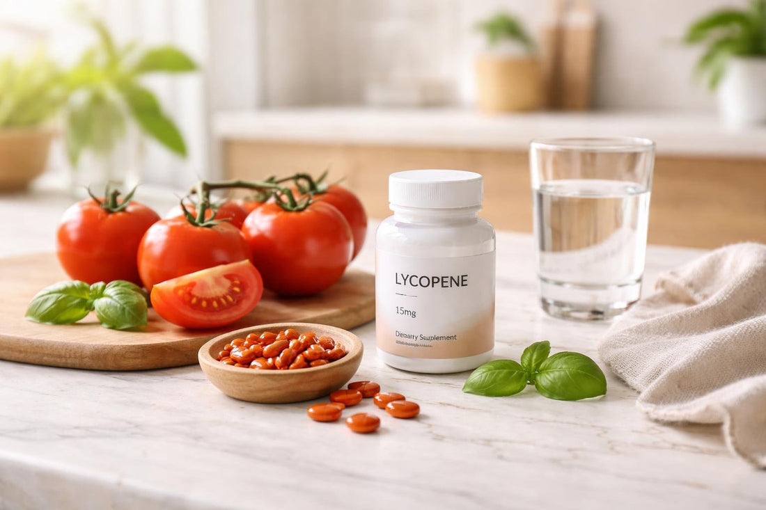 Lycopene supplement capsules beside fresh tomatoes on a kitchen counter