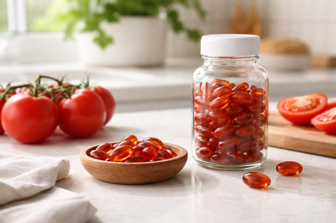 Lycopene supplement capsules with tomatoes on kitchen counter
